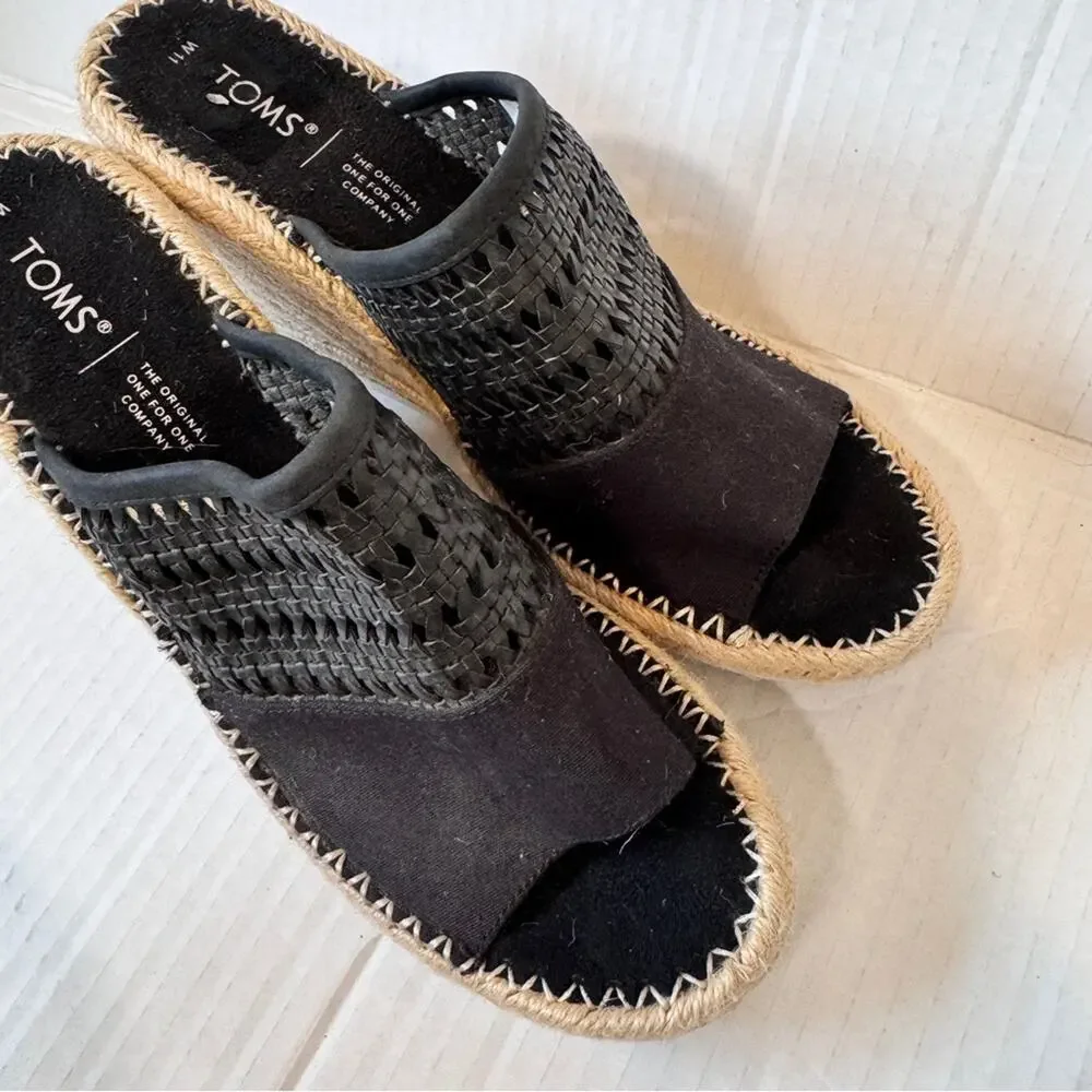 Toms Black Leather Peep Toe Espadrille Wedge Sandals Womens 11 Beachy Summer